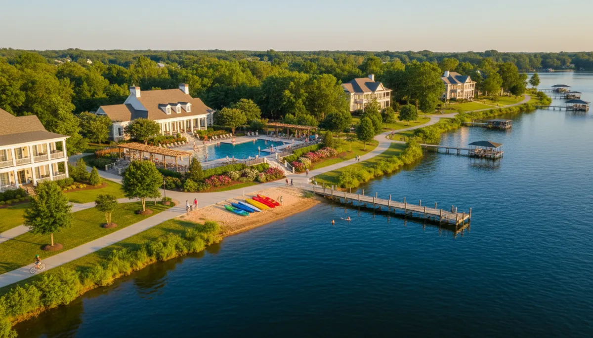 Residents enjoying pool, clubhouse, and walking paths beside Lake Cyrus in Hoover Alabama