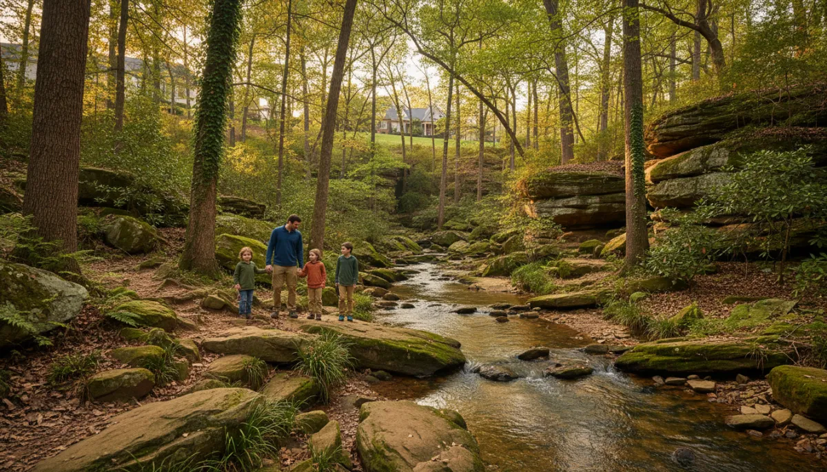 Family hiking along a wooded trail with sandstone boulders and creek at Moss Rock Preserve near Rocky Ridge