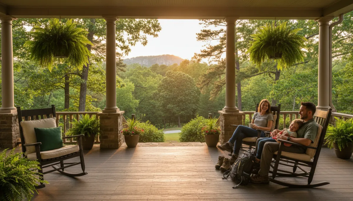 Front porch of an established Rocky Ridge home with family relaxing among mature trees