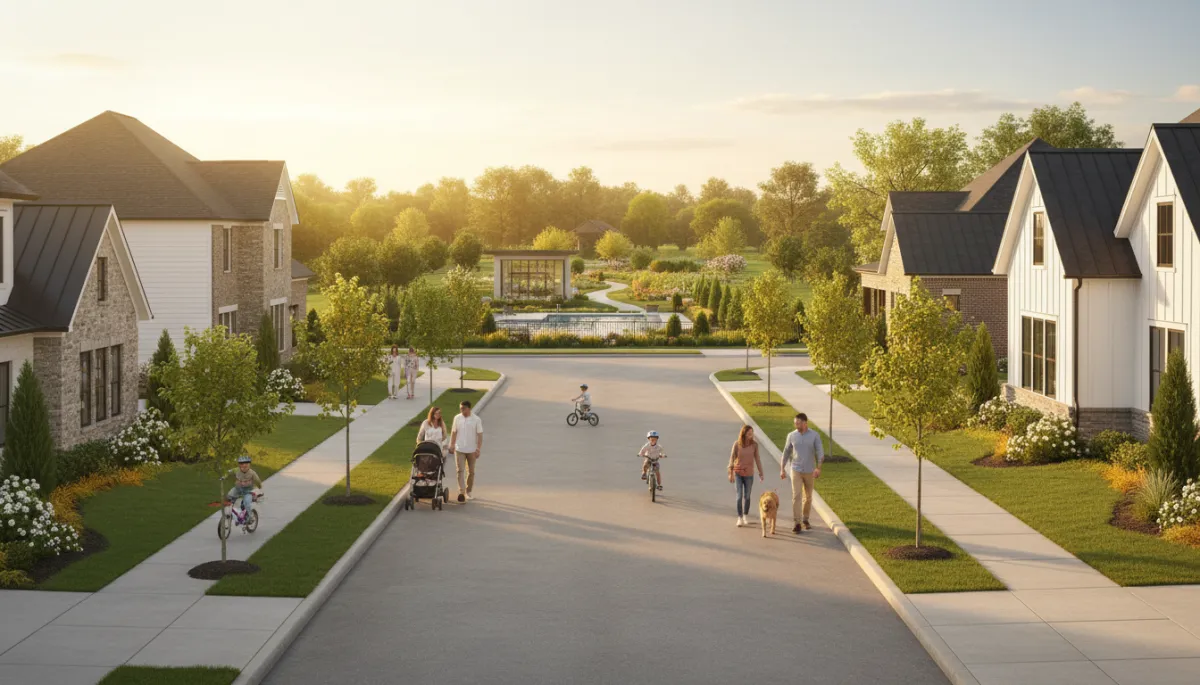 Families walking and children biking along sidewalks in a new construction Hoover Alabama neighborhood