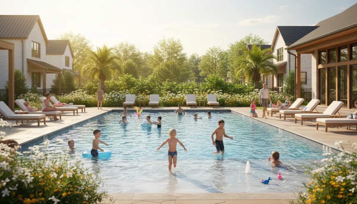 Families enjoying a community pool in a new construction Hoover Alabama neighborhood