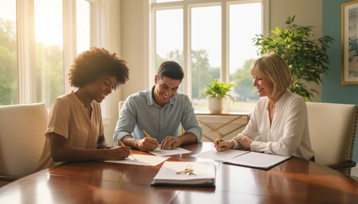 First-time buyers in Hoover signing home purchase documents with their agent