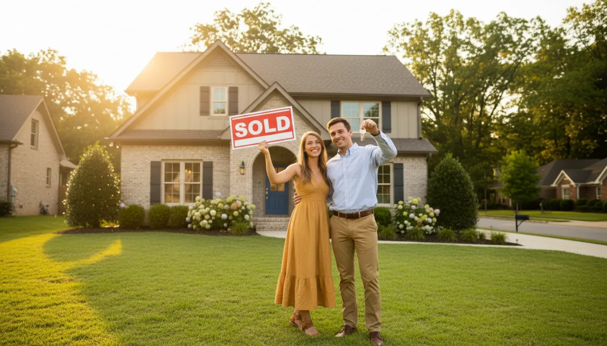 Happy first-time Hoover homeowners celebrating outside their new house