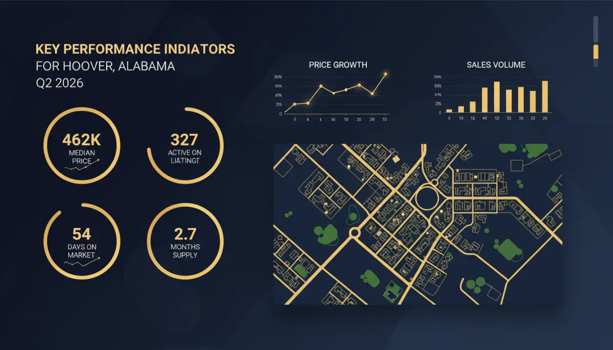 Infographic dashboard summarizing Hoover Alabama Q2 2026 real estate key metrics