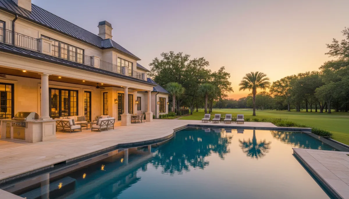 Luxury Hoover home with outdoor living space, pool, and golf views