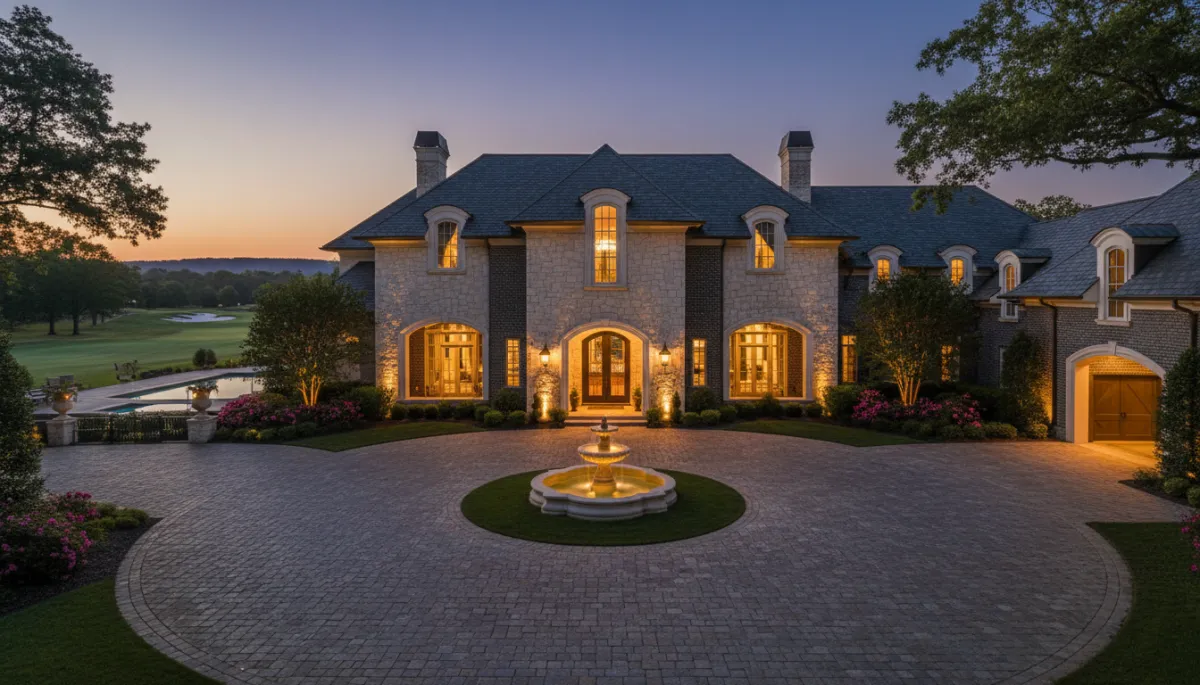 Grand entrance of a luxury Hoover Alabama estate home at dusk