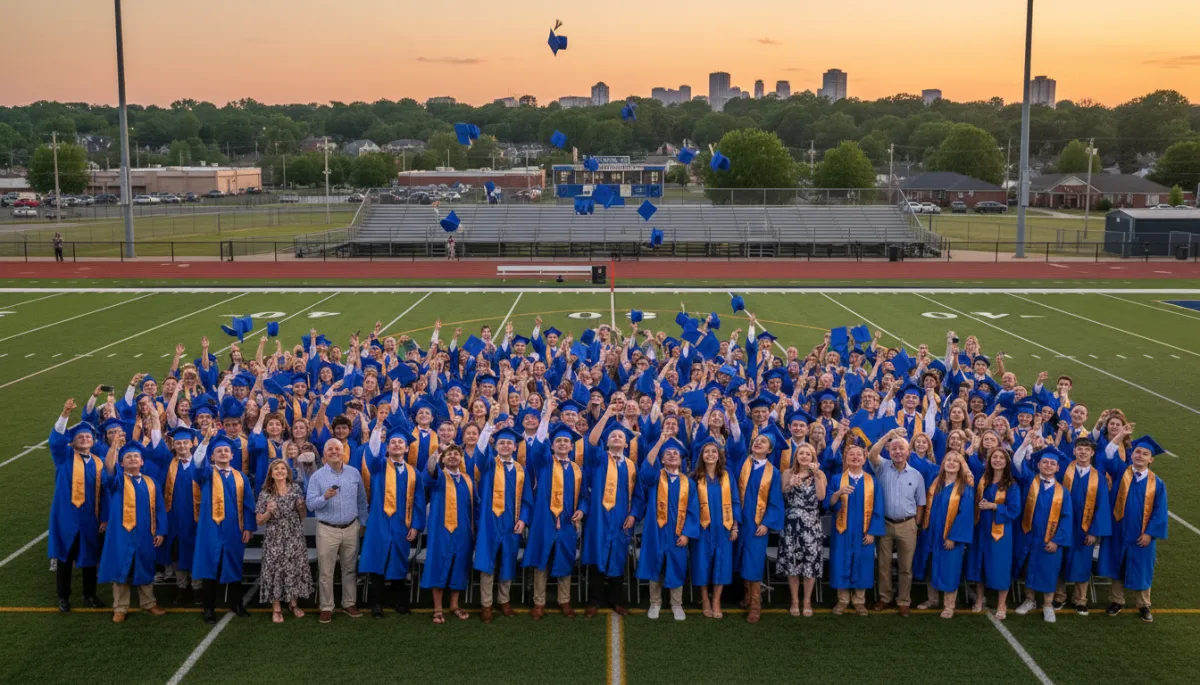 Graduating seniors celebrating on an Alabama high school football field