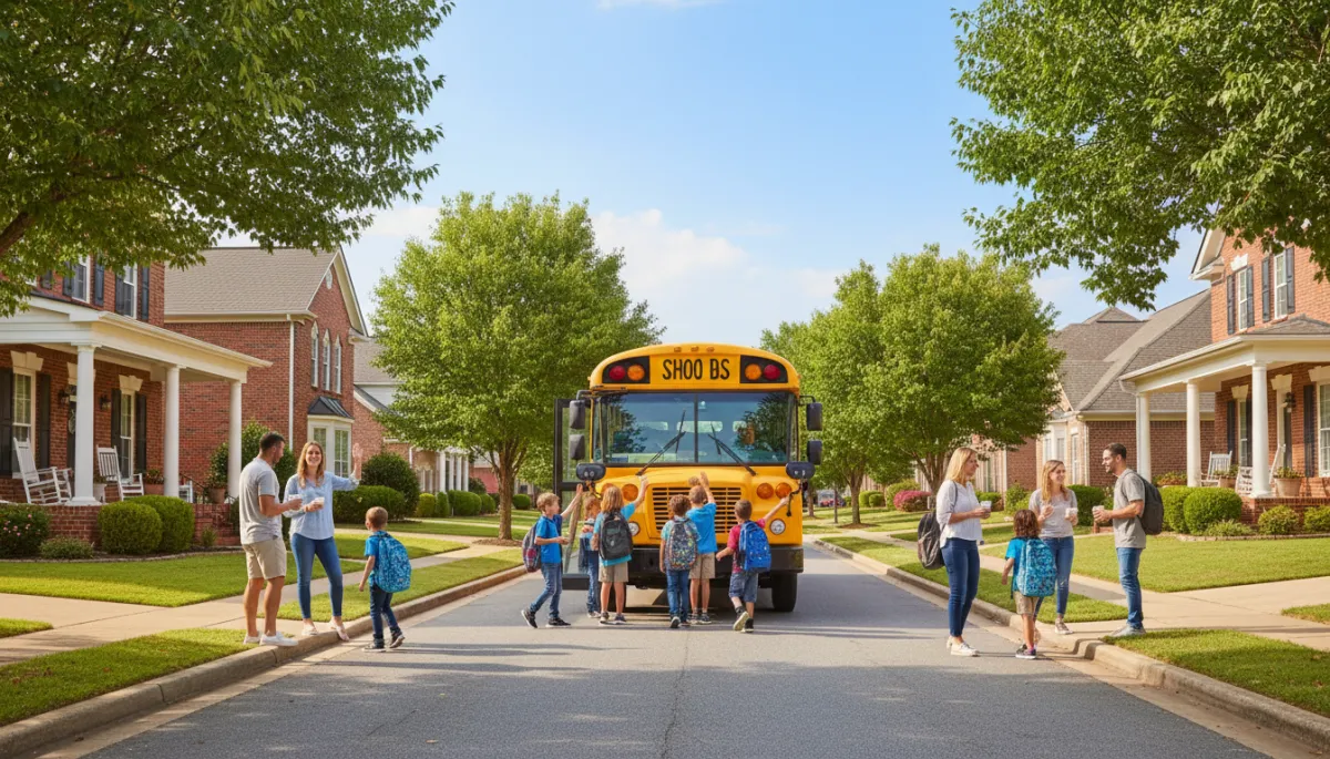 Family neighborhood in Hoover Alabama with school bus picking up children
