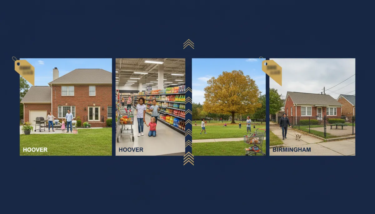 Side by side comparison of a larger Hoover home and a smaller Birmingham home with pricing labels