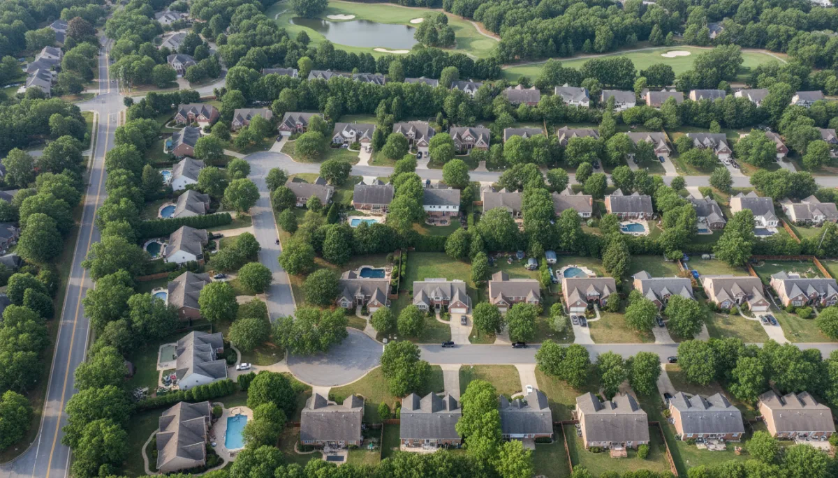 Aerial view of a quiet, well-kept Hoover AL neighborhood