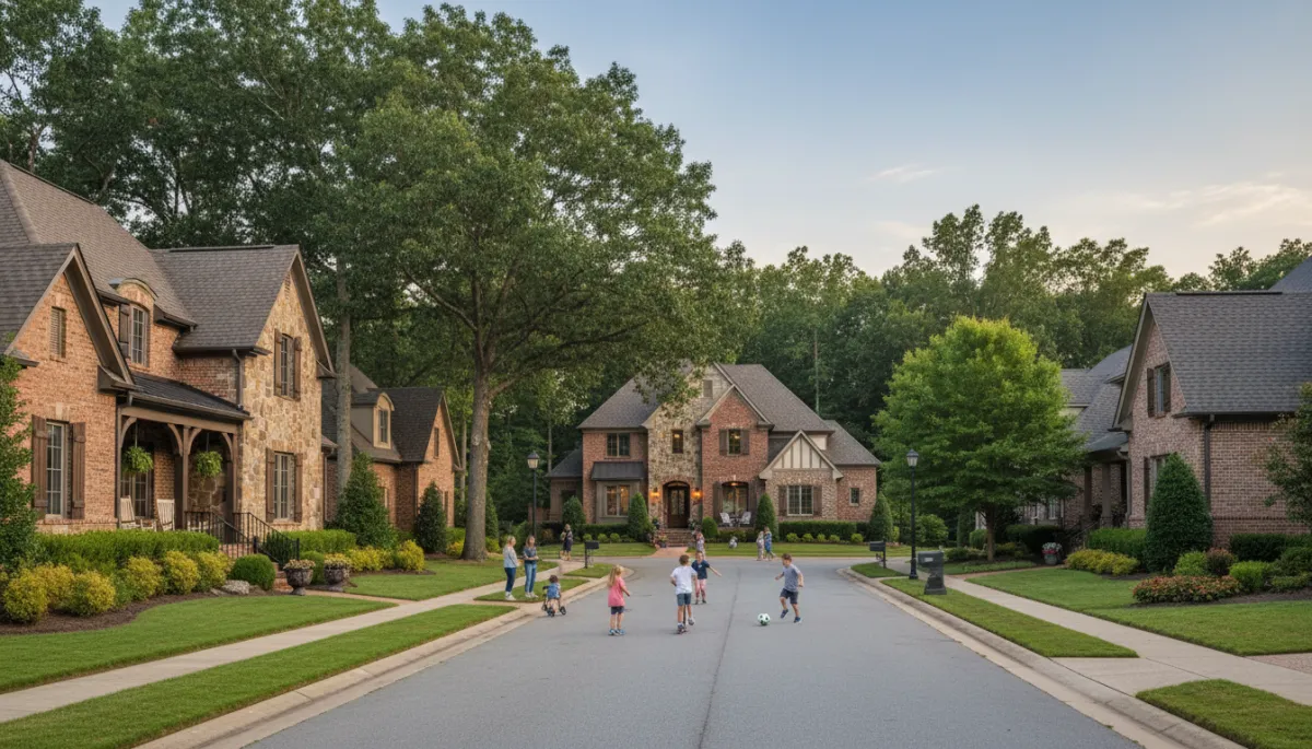 photorealistic street-level view of an upscale Hoover AL subdivision in neutral evening light, brick and stone homes with front porches, children playing on a cul-de-sac, mature trees and well-kept lawns