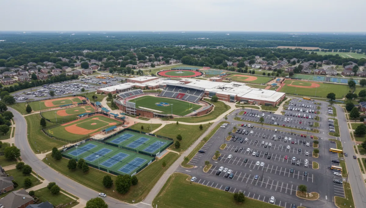 Aerial view of a Hoover Alabama school campus and surrounding neighborhood