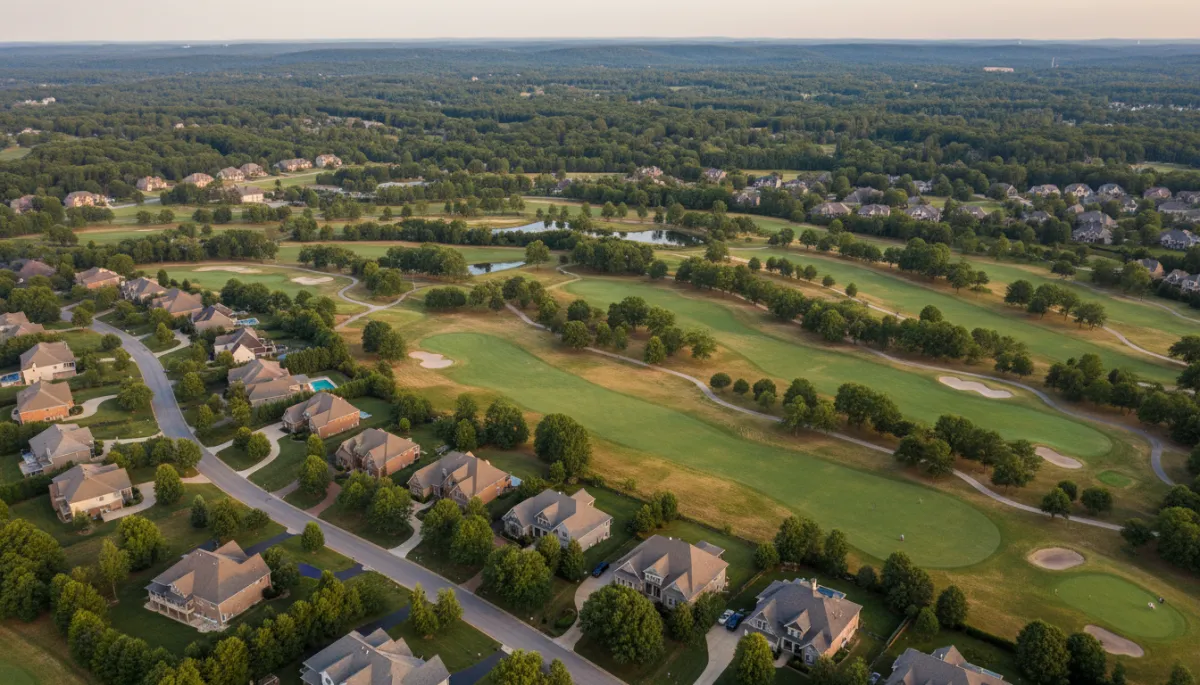 Aerial view of an upscale golf course neighborhood in Hoover Alabama