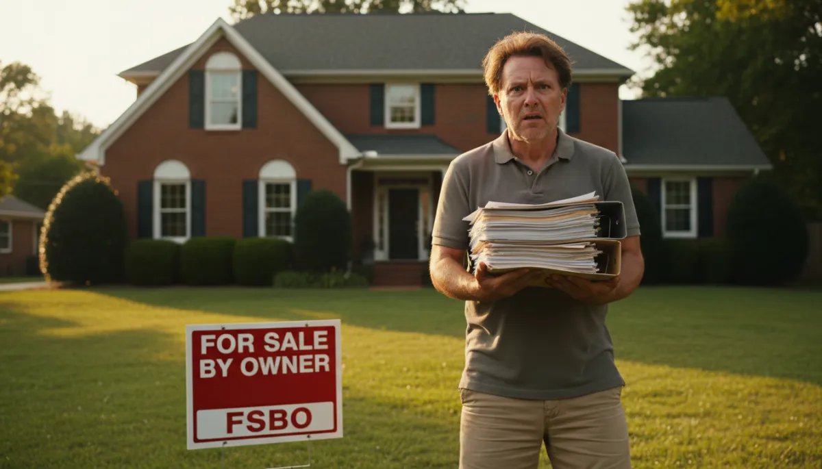 Frustrated Hoover homeowner standing by a For Sale By Owner sign