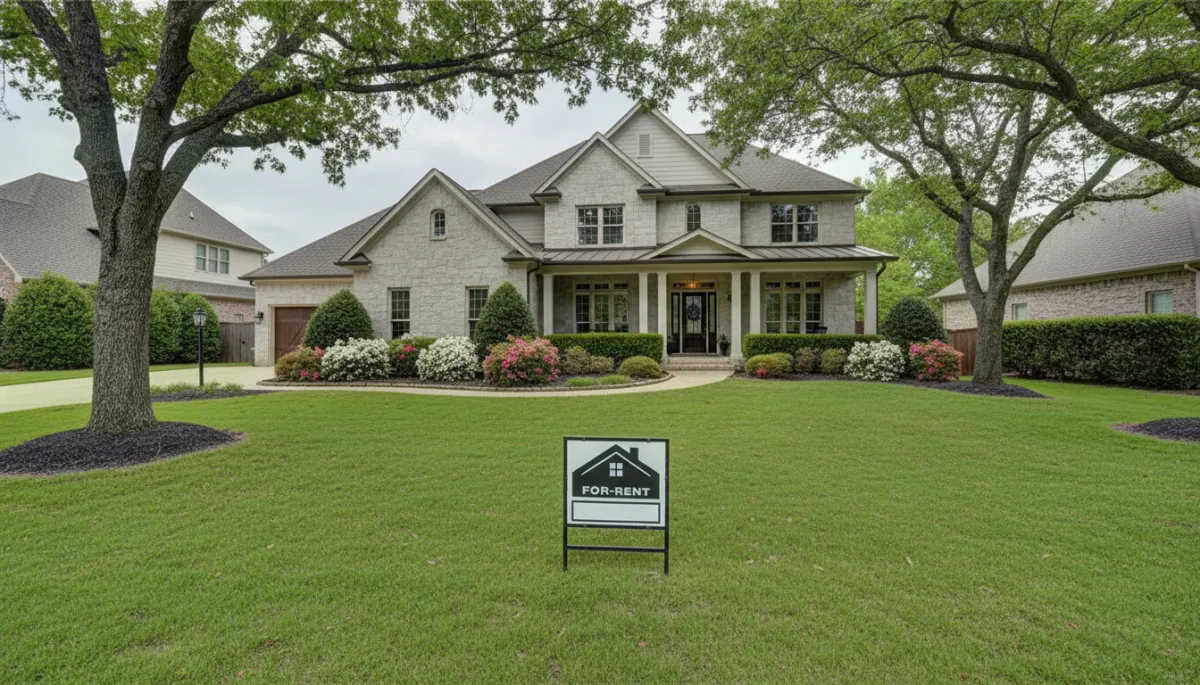 Upscale Hoover Alabama rental home with a for-rent sign in the yard