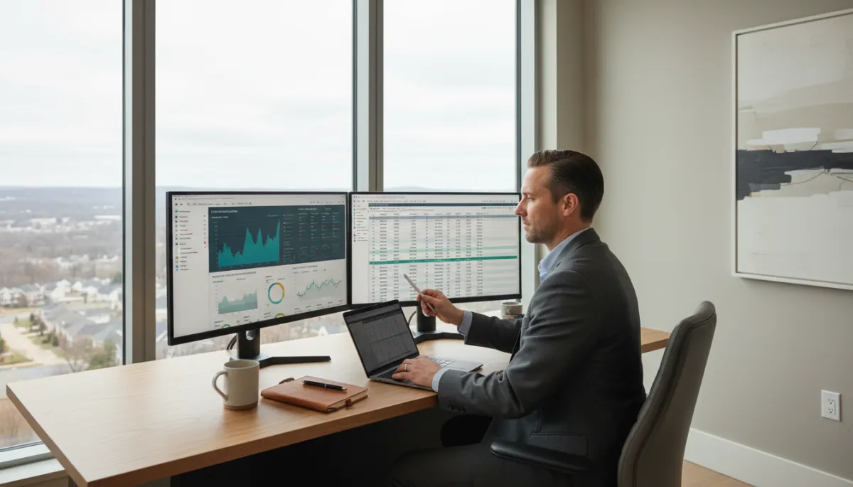 Real estate investor reviewing Hoover Alabama market data on computer screens