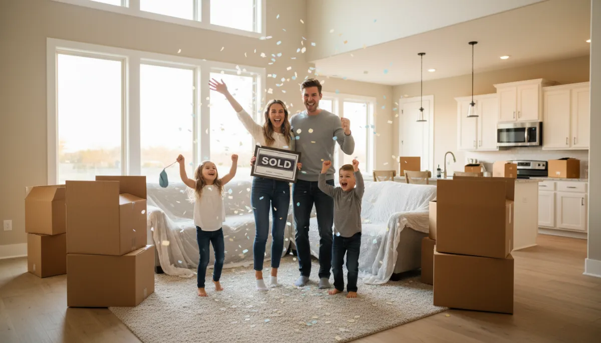Family celebrating a new home purchase in a Hoover Alabama neighborhood