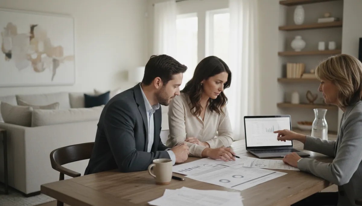 Couple reviewing home equity numbers with a financial advisor in Hoover Alabama