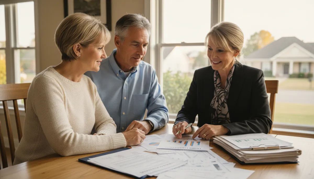 photorealistic neutral-toned scene of an empty nester couple at a kitchen table reviewing home equity and sale paperwork with their Hoover realtor, soft warm lighting and subtle view of suburban homes through window