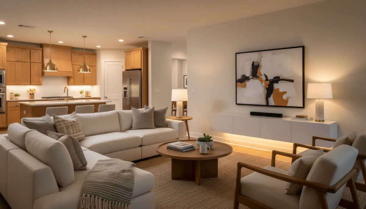 photorealistic neutral-toned interior of a cozy modern smaller Hoover home living room with warm evening lighting, comfortable seating, tidy decor, and a glimpse of an open kitchen in the background