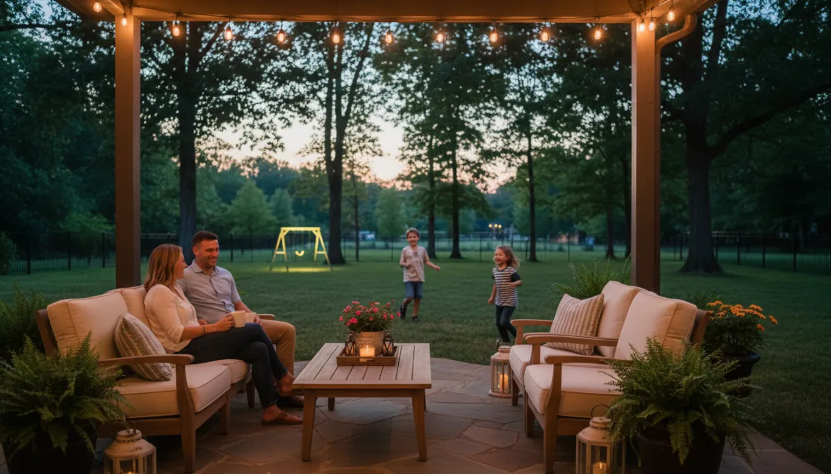 Birmingham Alabama home backyard with family enjoying evening on patio