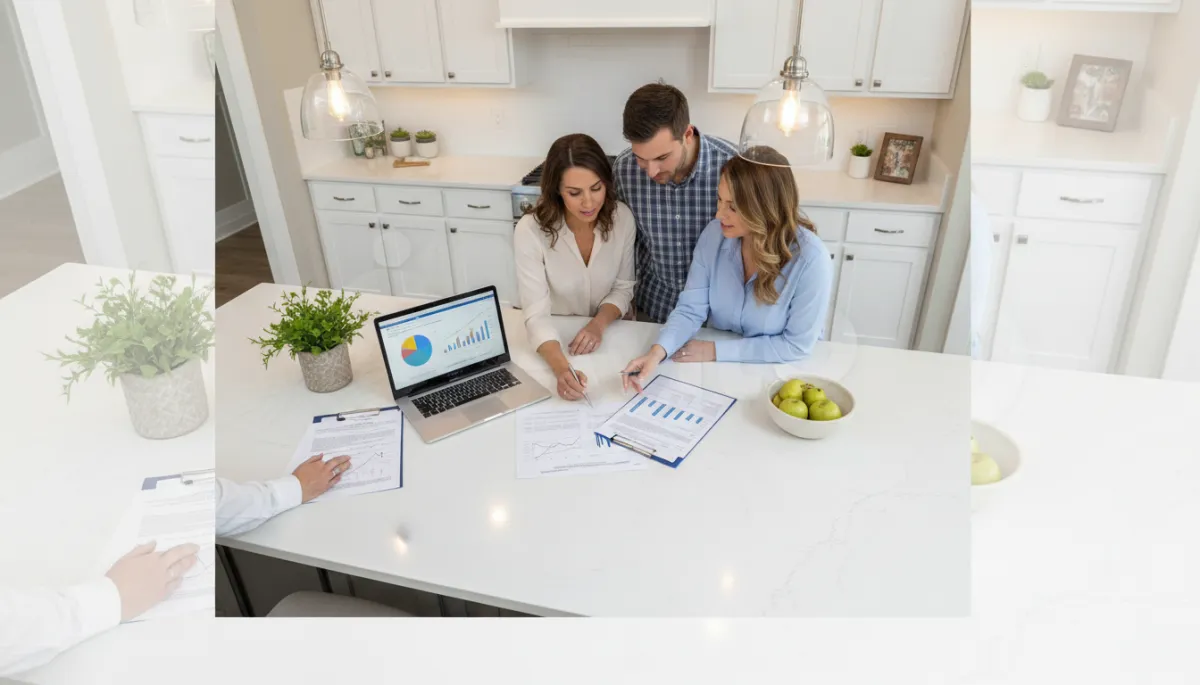Photorealistic scene of buyers reviewing comparable sales data with their agent