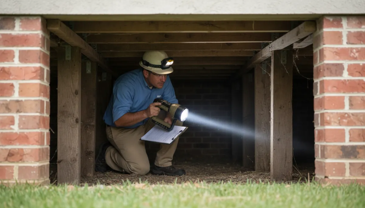 Photorealistic view of a home inspector examining a crawl space in Hoover Alabama