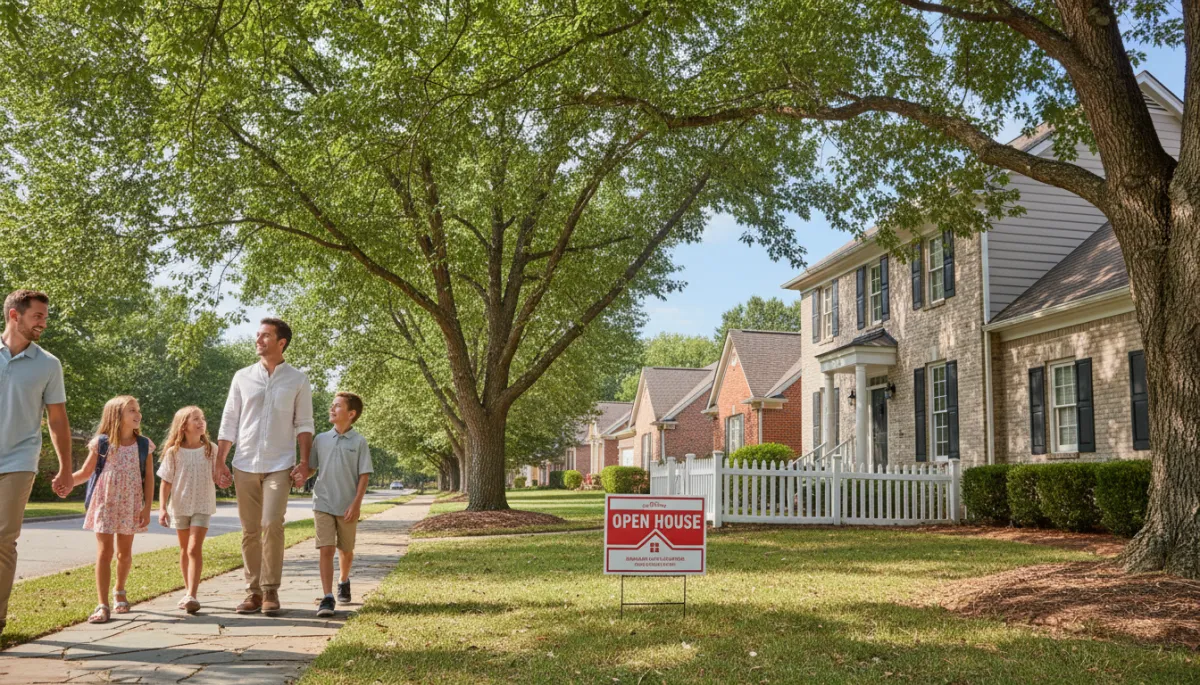 photorealistic daytime scene of a young family with two kids walking through a Birmingham Alabama neighborhood open house, neutral-toned brick homes, real estate sign in yard, trees with soft green foliage