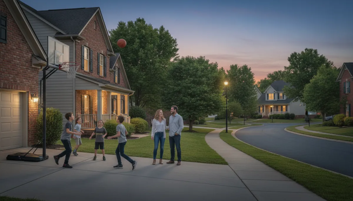 photorealistic early evening street scene in a Hoover Alabama subdivision, warm porch lights on, children playing basketball in driveway, parents chatting on sidewalk, neutral soft lighting