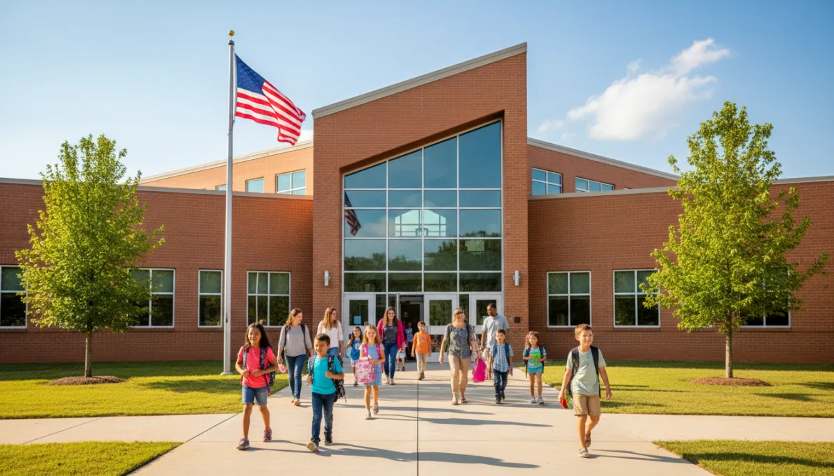 Families arriving at a modern Hoover Alabama elementary school in the morning