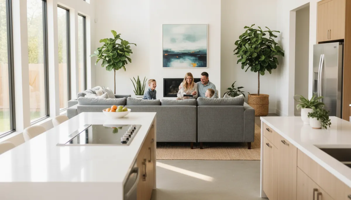 Modern Hoover Alabama family home with parents and children relaxing in the living area
