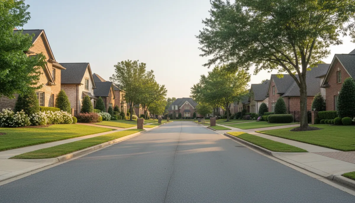 Tree-lined street with upscale brick homes and sidewalks in a Hoover Alabama neighborhood
