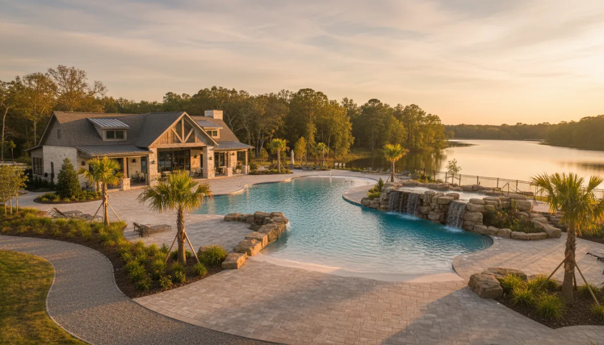 Clubhouse, zero-entry pool, and lake with walking path in an upscale Hoover Alabama neighborhood
