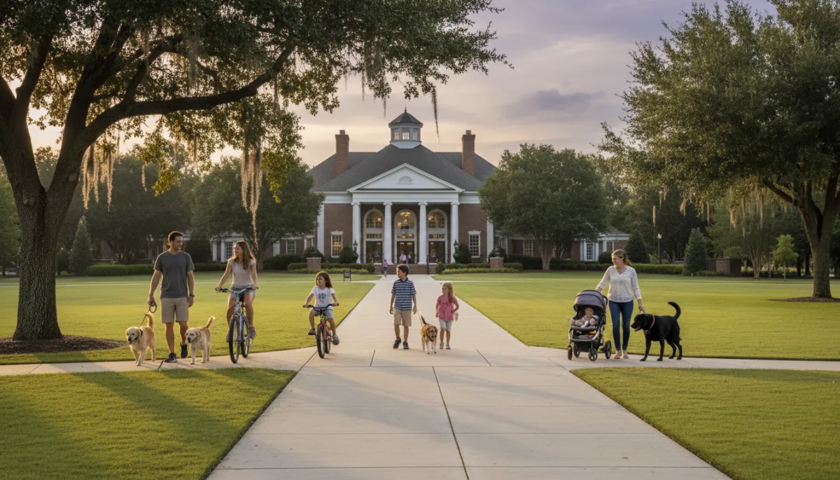 Families walking and biking near a clubhouse in a Hoover Alabama master-planned neighborhood