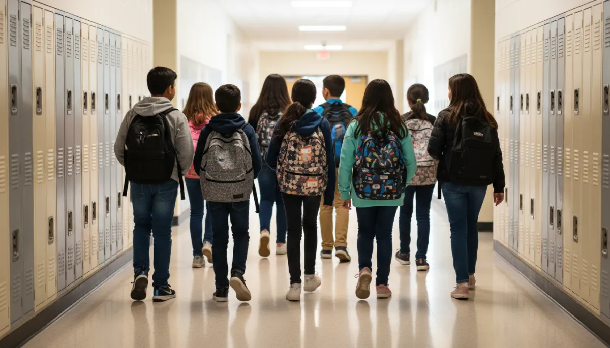 photorealistic scene of diverse middle school students in Hoover Alabama walking down a bright hallway with backpacks and neutral-toned lockers