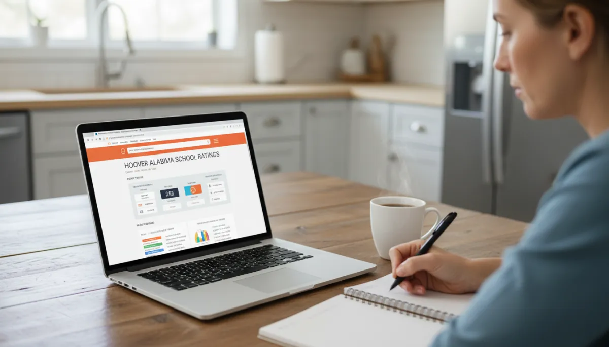 photorealistic close-up of a laptop on a kitchen table in a Hoover Alabama home showing a school ratings website while a parent takes notes beside a cup of coffee