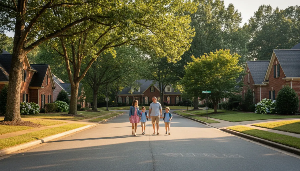 photorealistic view of a young family with two children walking on a quiet Hoover Alabama cul-de-sac lined with brick homes and mature trees after school