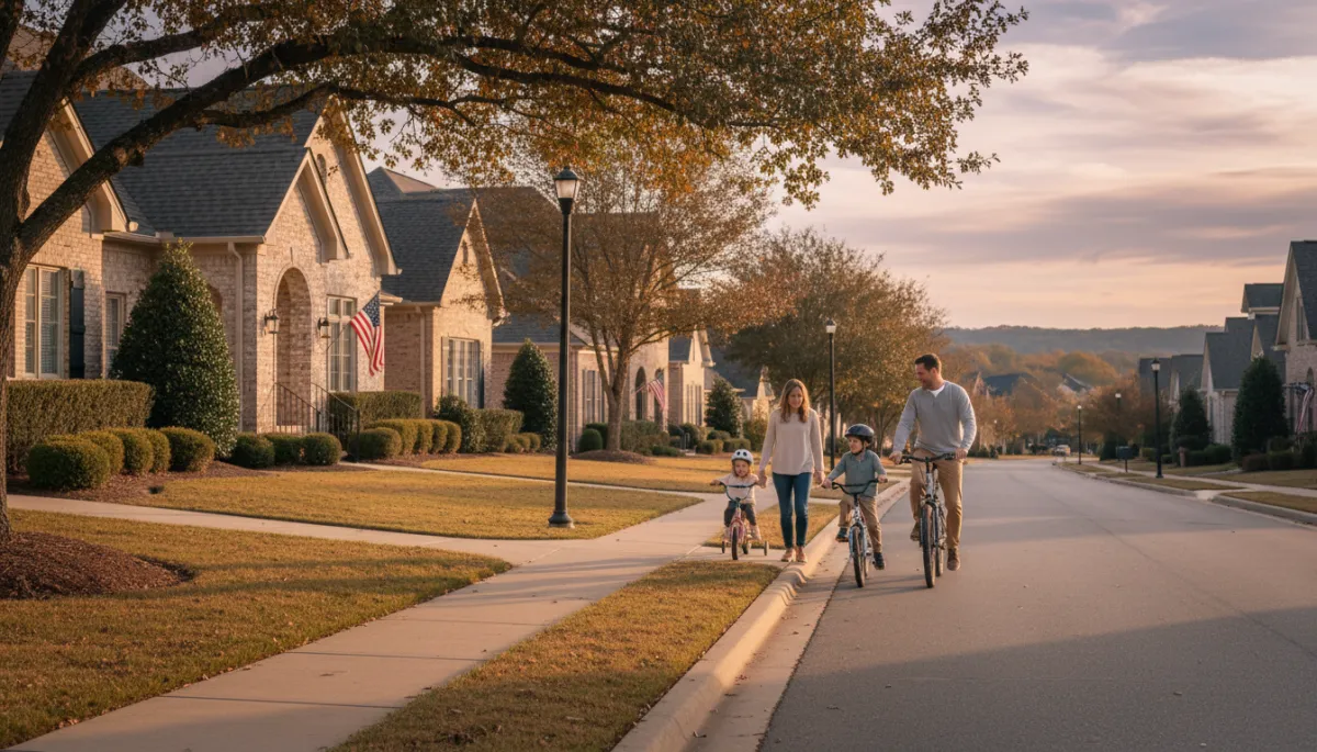 Photorealistic family walking through a residential neighborhood in Hoover Alabama