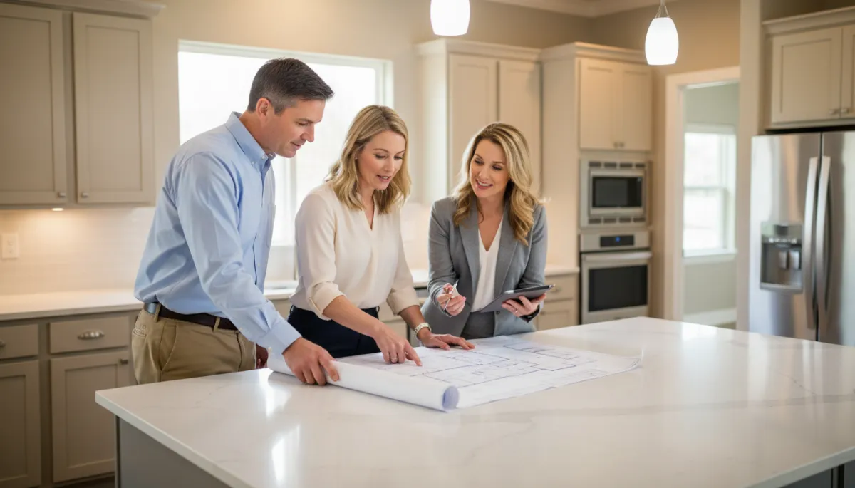 Homebuyers reviewing new construction plans with their agent in Hoover