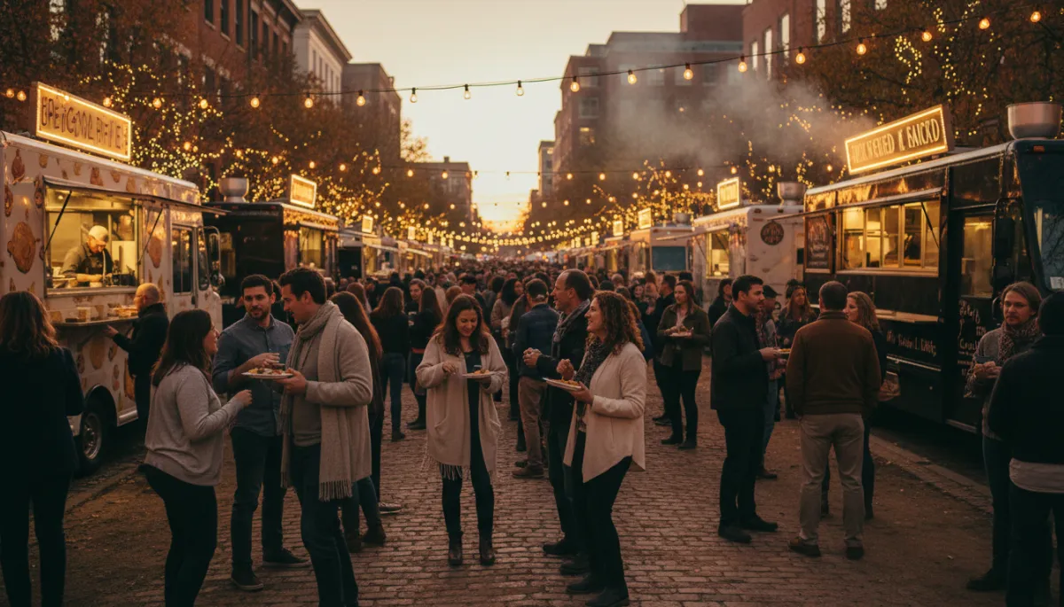 photorealistic view of people enjoying an outdoor festival in downtown Birmingham Alabama, food trucks, string lights, neutral warm tones