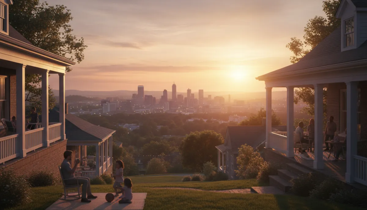 photorealistic sunset view from a Birmingham Alabama hillside neighborhood overlooking the city skyline, warm neutral tones, families on porches