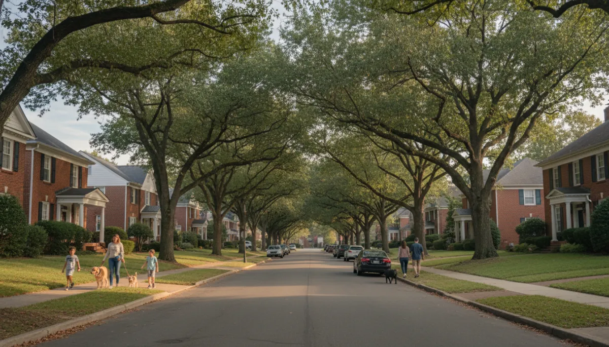 photorealistic street-level view of a tree-lined Birmingham Alabama suburb with brick homes, sidewalks, families walking dogs, soft neutral lighting