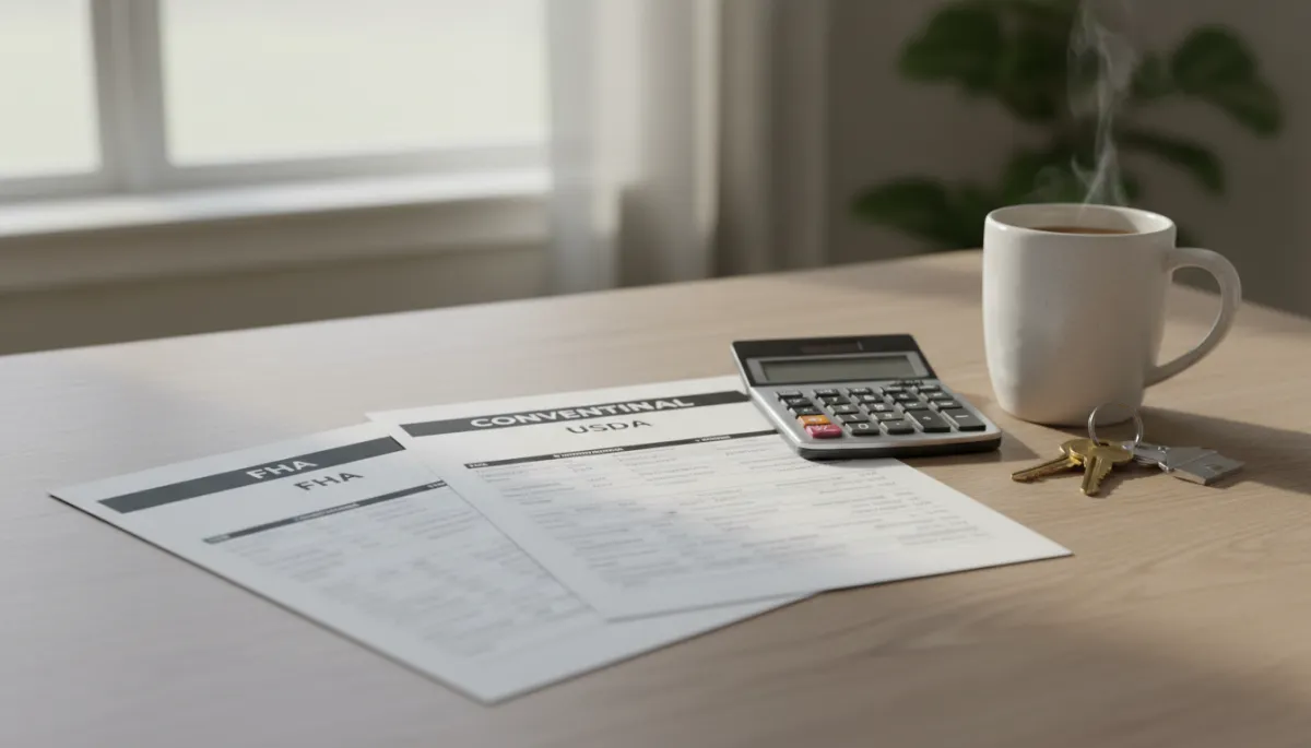 Mortgage comparison documents for FHA, conventional, and USDA loans on a home office desk in Alabama