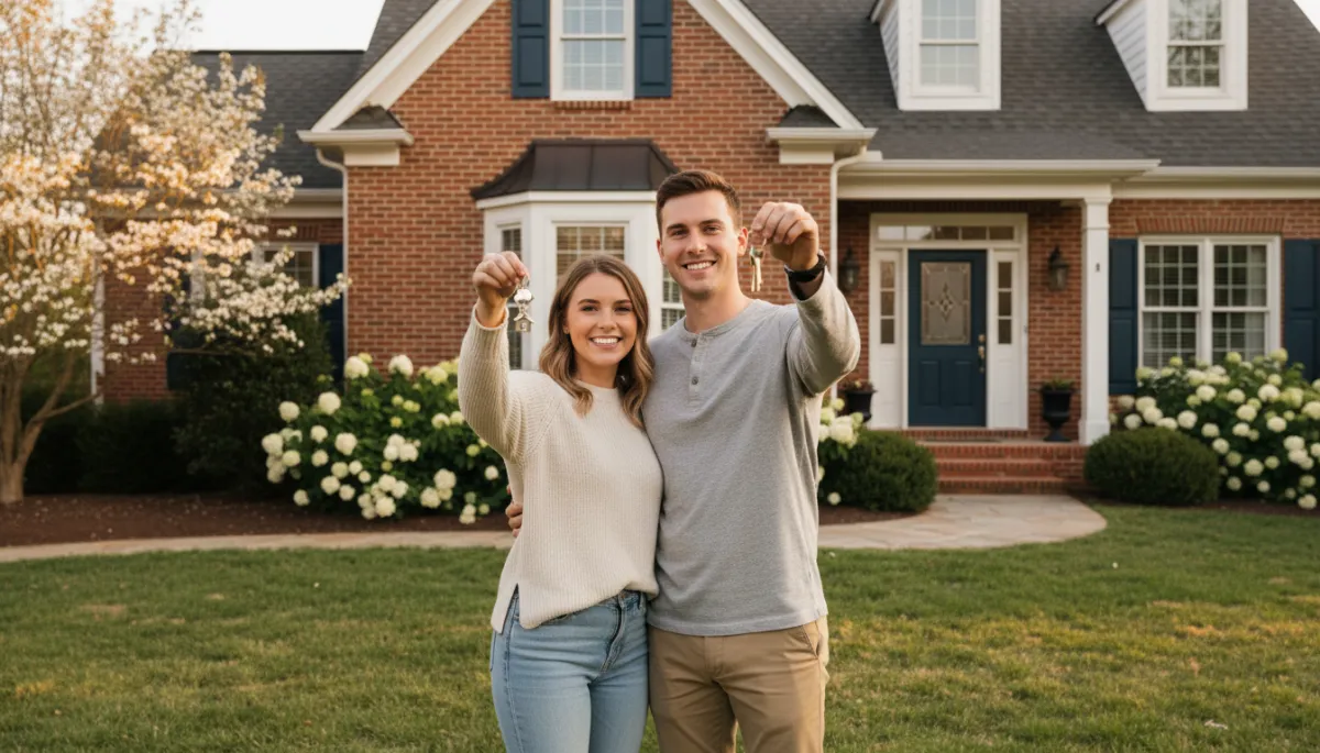 First-time buyers holding new house keys outside a brick home in an Alabama suburb