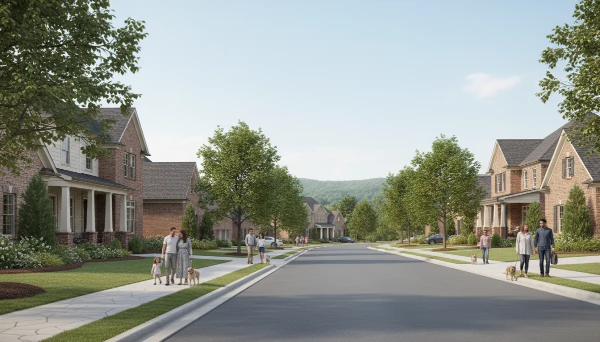 Streetscape of a walkable new construction neighborhood in Hoover Alabama
