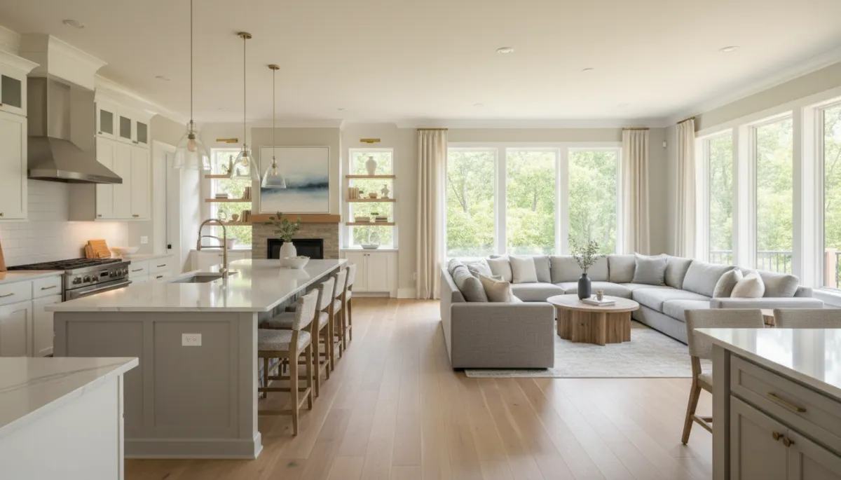 Modern open concept kitchen and living room in a new Hoover Alabama home