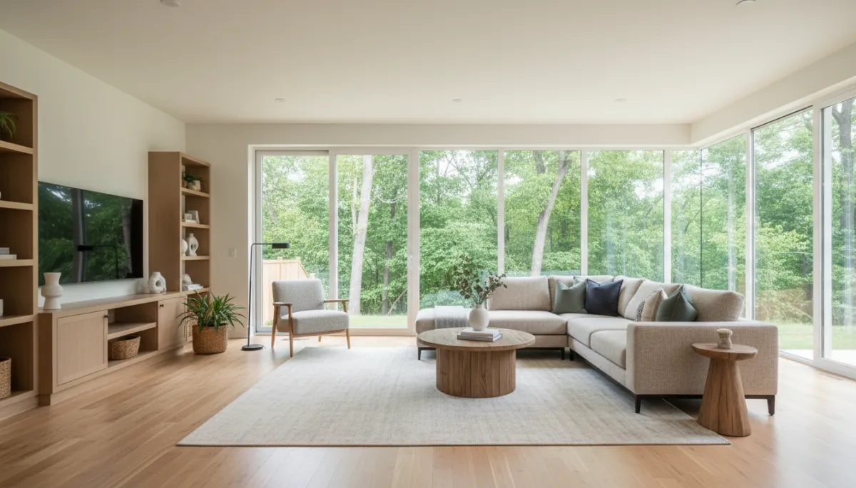 photorealistic interior of a bright Hoover AL new construction living room with large windows, hardwood floors, neutral furniture, and view of a tree-lined backyard through sliding glass doors