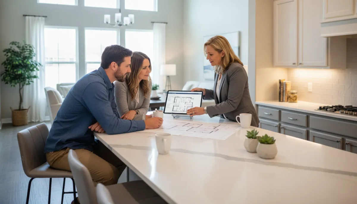 photorealistic scene of a Hoover AL couple meeting with a real estate agent at a model home kitchen island reviewing floor plans and builder incentives on a tablet