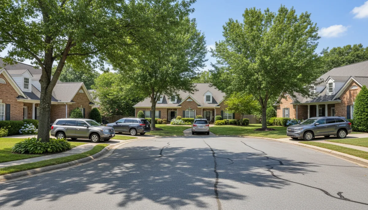 Photorealistic street view of a Hoover Alabama cul-de-sac with brick homes