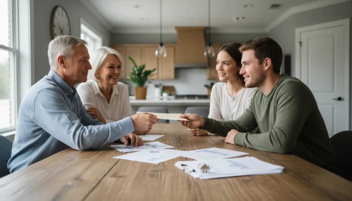 Parents helping adult children with down payment funds at a kitchen table